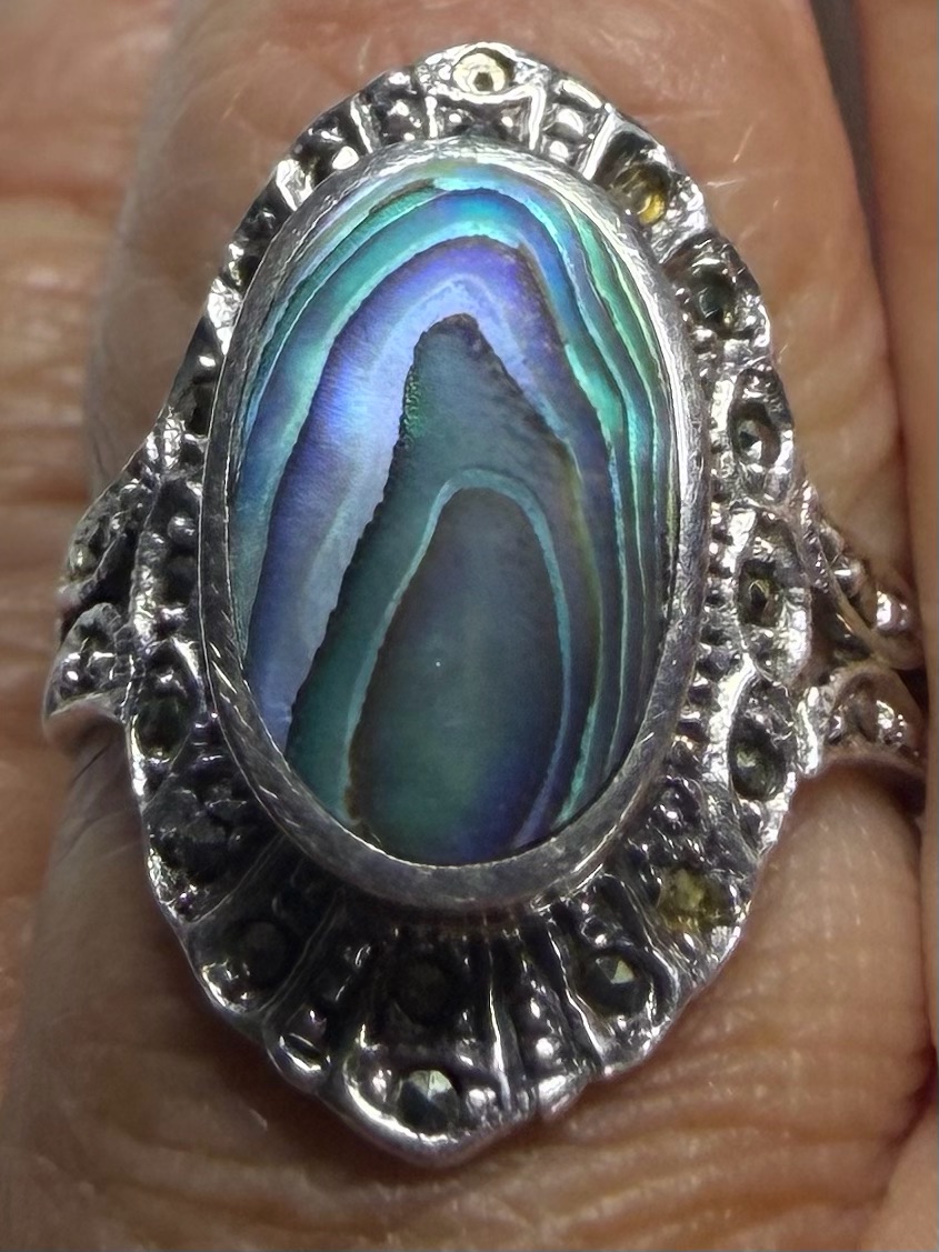 Abalone Statement Ring In Sterling Silver, Marcasites - Size 8 1/2